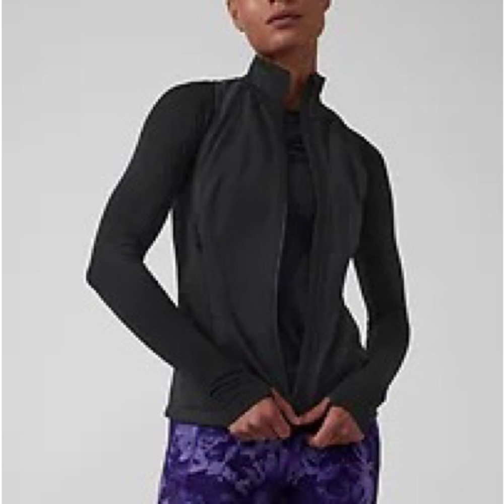 Athleta Black Jacket with Purple Leggings Accent